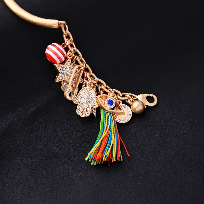 Antique Gold Color Circle Trendy Bangles For Women Crystal Star Hand Colorful Tassel Pendant Bracelet | Украшения и аксессуары
