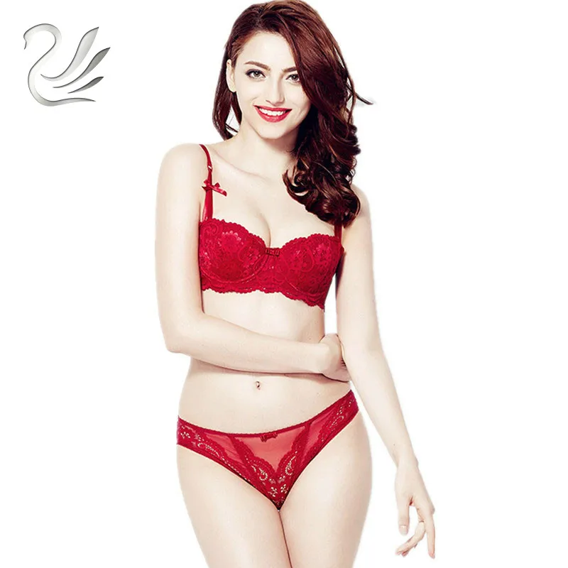 

2018 New Vanlo Brand Women Vine Jacquard Bra Sets Sexy Deep V-neck Plus Size Lace Half Cup Thin Underwear Gather Women Lingerie