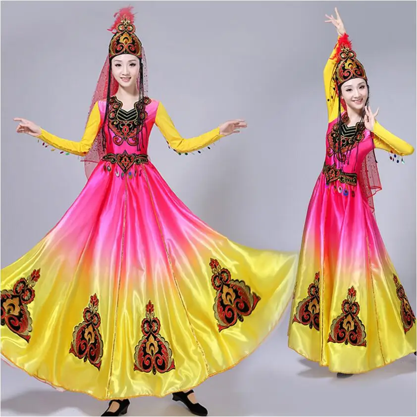 

National style Chinese dance costumes Xinjiang Uygur long dress stage wear performance clothing big swing skirt adult women