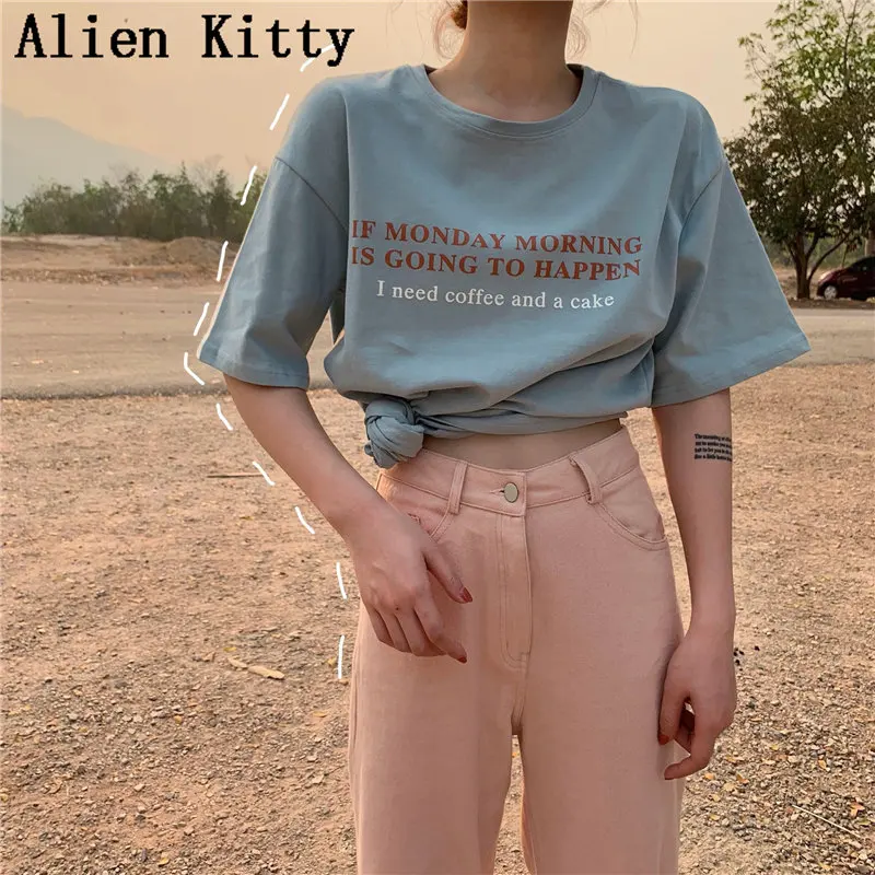 Повседневные летние тонкие винтажные футболки Alien Kitty с коротким рукавом и