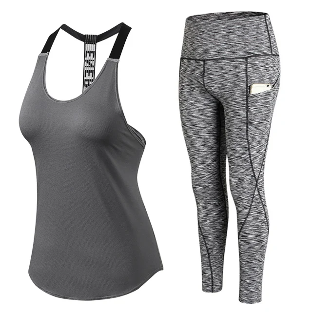 Gray-black 2pcs set Женский комплект из 2 предметов для йоги, открытая спина, без рукавов, невидимый карман, штаны для йоги, топ, женская футболка, спортивные облегающие леггинсы, брюки - Цвет: Gray-black 2pcs set