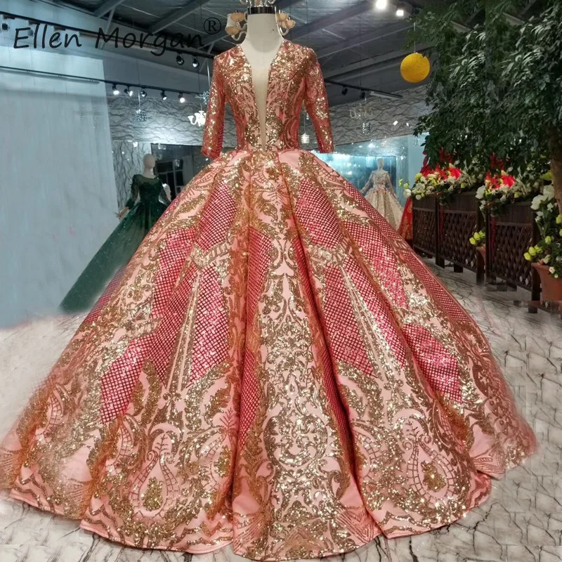 Saudi Arabian Long Sleeve Evening Dresses Glitter Pink Ball Gowns Pageant Miss Sheer V Neck Lace up Formal Event Dress Party2019 | Свадьбы и