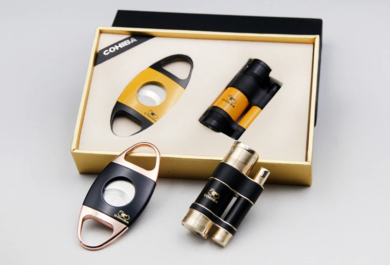 

New Arrival COHIBA Yellow / Black Cigar Set with Portable Cigar Cutter/Scissors, 3 Torch Jet Flame Cigar Lighter Gift Box