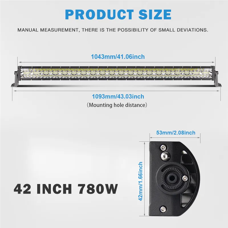 42 inch 780W CO светильник 7D 390 Вт 585 780 Вт 3 ряда светодиодный светильник бар 2" диаметр 32*42* комбинированного луча внедорожный светодиодный рабочий светильник для Jeep Грузовик ATV внедорожник 4x4 12V 24V - Цвет: 42 inch 780W
