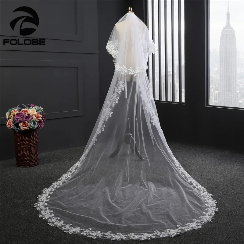 Casamento Stock белая/слоновая кость Аппликации Кружевной Край двухслойная Фата
