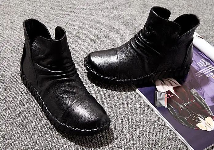 Ботинки женские короткие из натуральной кожи с бархатной подкладкой|flat boots|women snow