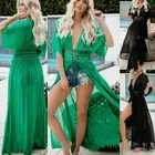 2019 летнее женское однотонное бикини с коротким рукавом и V-образным вырезом, пляжная одежда, кружевное богемное длинное Пляжное Платье Макси