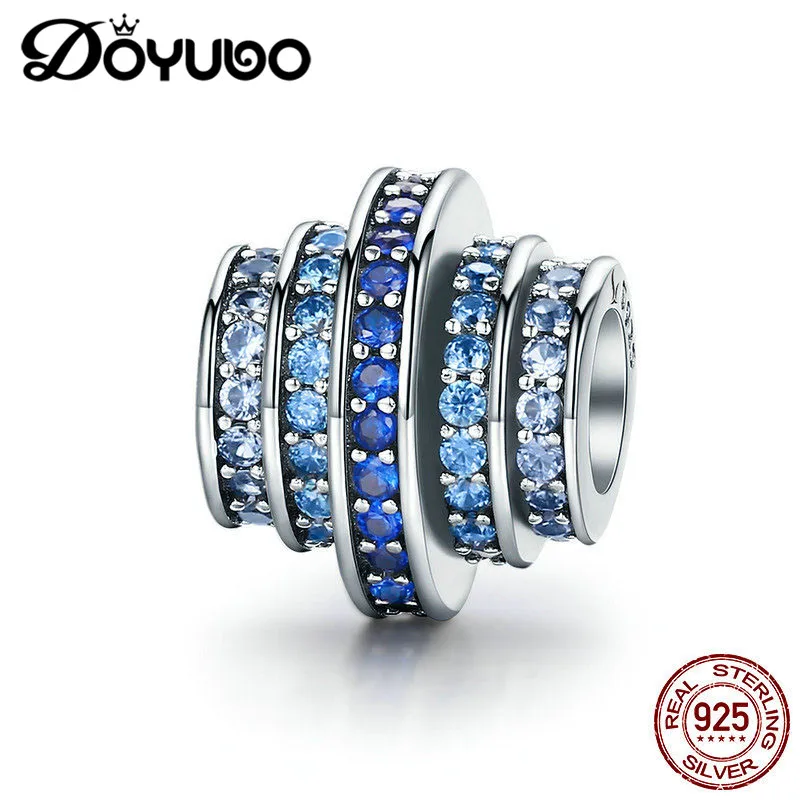 

DOYUBO New Arrival Blue Cubic Zirconia Cylindrical Silver Charms For Lady To Match Snake Bangles Silver Screw DIY Beads ADD006