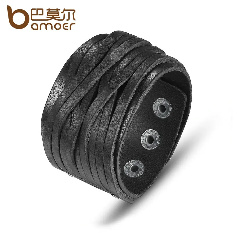 BAMOER Women & Men Bracelets Jewelry PI0337-1: Adjustable Black & Brown Genuine Leather Bracelet with Alloy Buckle for Fashionable Style image 4