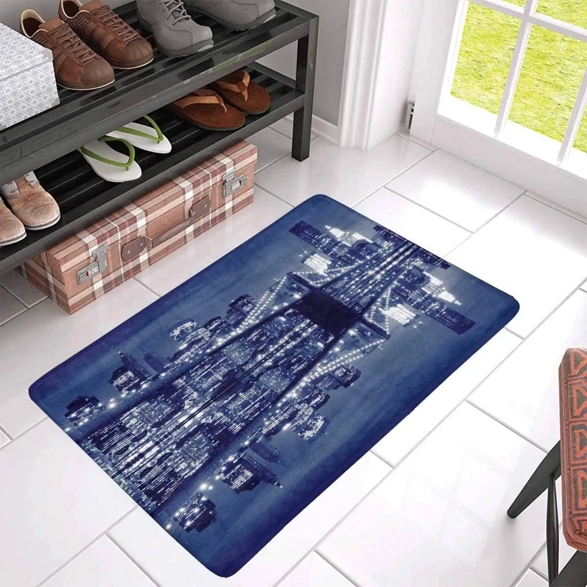 Brooklyn BriMDZLDGe Manhattan Skyline at Night New York City Indoor Entrance Doormat Rubber Backing | Дом и сад