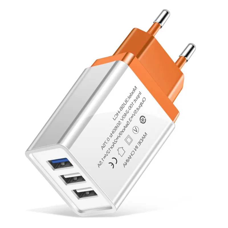 USB зарядное устройство с 3 портами 5 в/2 а, USB адаптер питания для путешествий, EU/US зарядное устройство, быстрая зарядка для iPhone, huawei, Xiaomi, USB зарядное устройство для телефона s - Тип штекера: EU  Orange