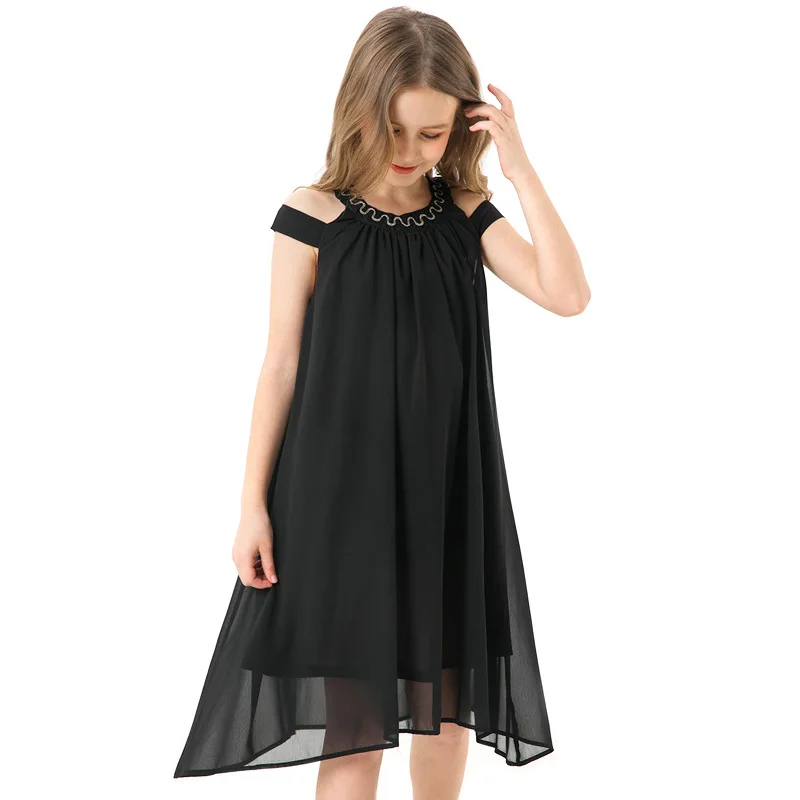 Платье для девочек черное шифоновое без бретелек с неровным краем 2019 | Детская