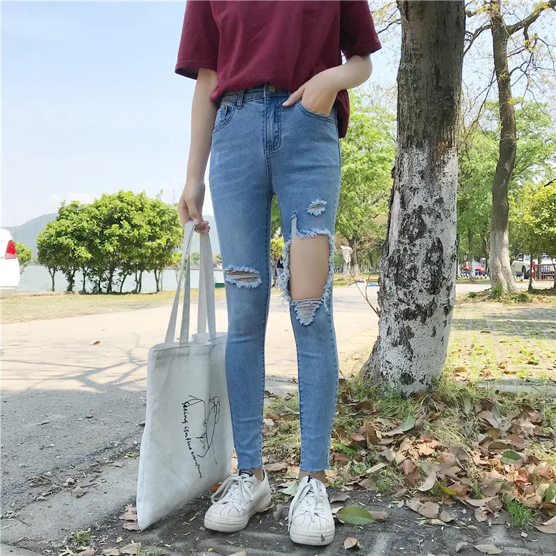 Отверстие Рваные джинсы сексуальные Для женщин Boyfriend Denim Винтаж с эластичной резинкой на талии, с Повседневное брюки женские, тонкие узкие женские укороченные брюки больших размеров Брюки