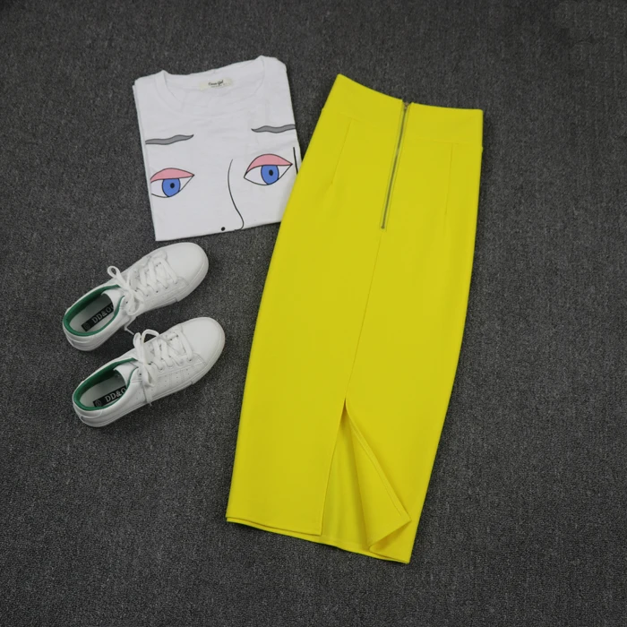 Bright yellow Новинка, Женская юбка, мини, облегающая, офисная, для женщин, тонкая, до колена, с высокой талией, стрейчевая, сексуальная, юбка-карандаш, Jupe Femme - Цвет: Bright yellow