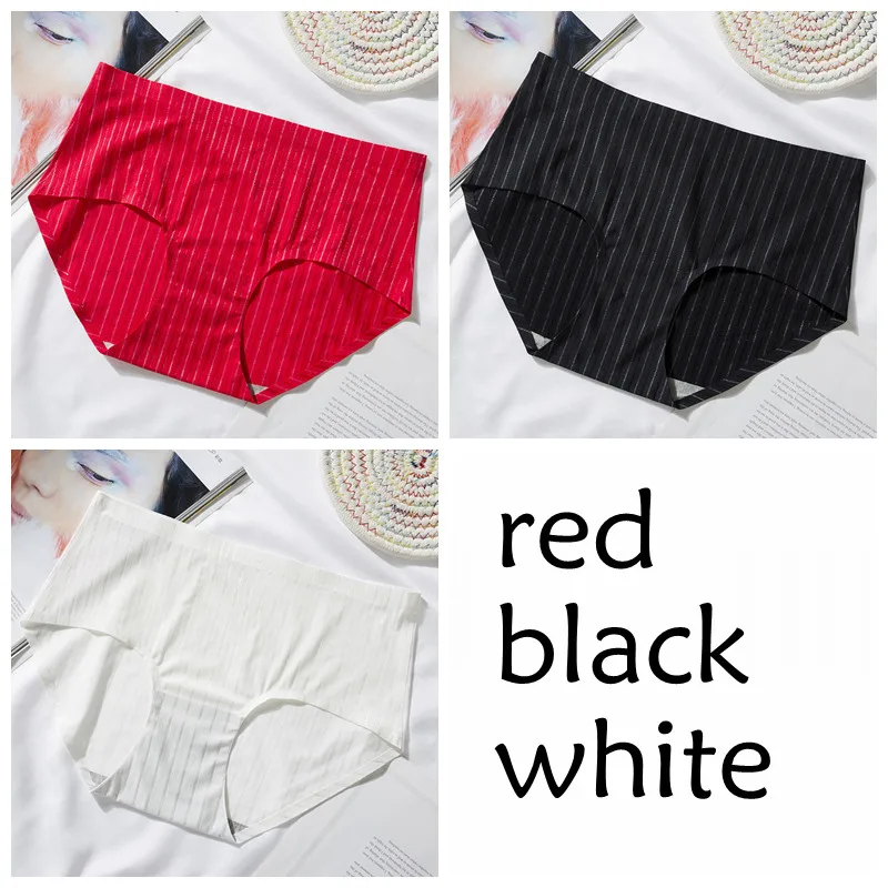 red black white SP& CITY, 3 шт., Полосатое бесшовное нижнее белье для женщин, ледяной шелк, сексуальные менструальные трусики, набор, средняя талия, хлопковые трусы, женское нижнее белье - Color: red black white