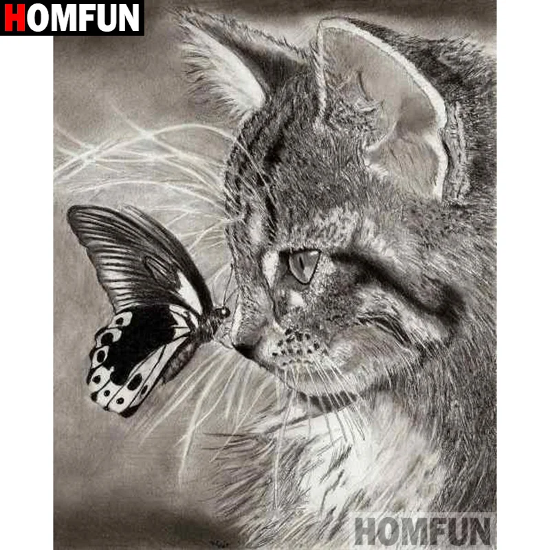 

Алмазная 5D картина HOMFUN «Кот и бабочка», вышивка крестиком, картина «сделай сам», квадратная/круглая, домашний декор, подарок, A16887
