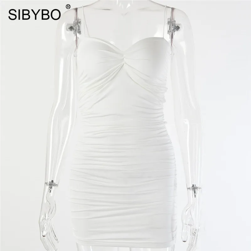 Белый Sibybo, без бретелек, плиссированное, Мини, летнее платье, для женщин, на тонких бретелях, без рукавов, сексуальное, бодикон, платье с открытой спиной, Клубные, вечерние, короткое - Цвет: Белый