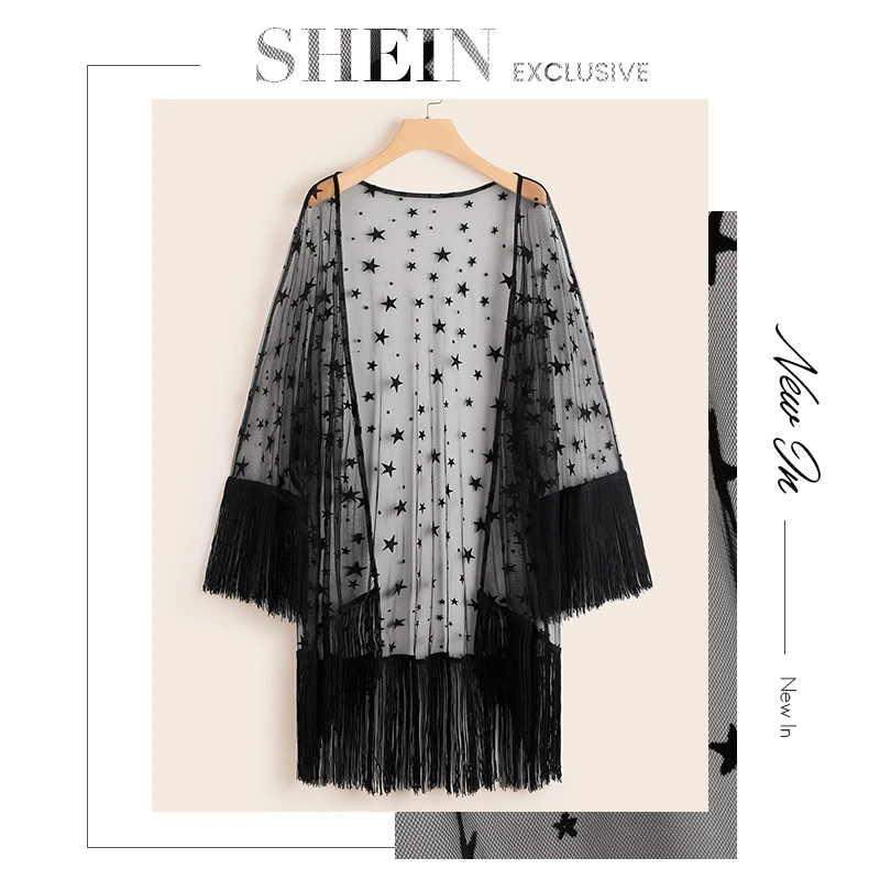 SHEIN размера плюс в богемском стиле; сандалии с бахромой по низу прозрачное Сетчатое, со звездой, для кимоно Для женщин сезон: весна–лето черного цвета в стиле «Бохо Половина рукава длинное кимоно