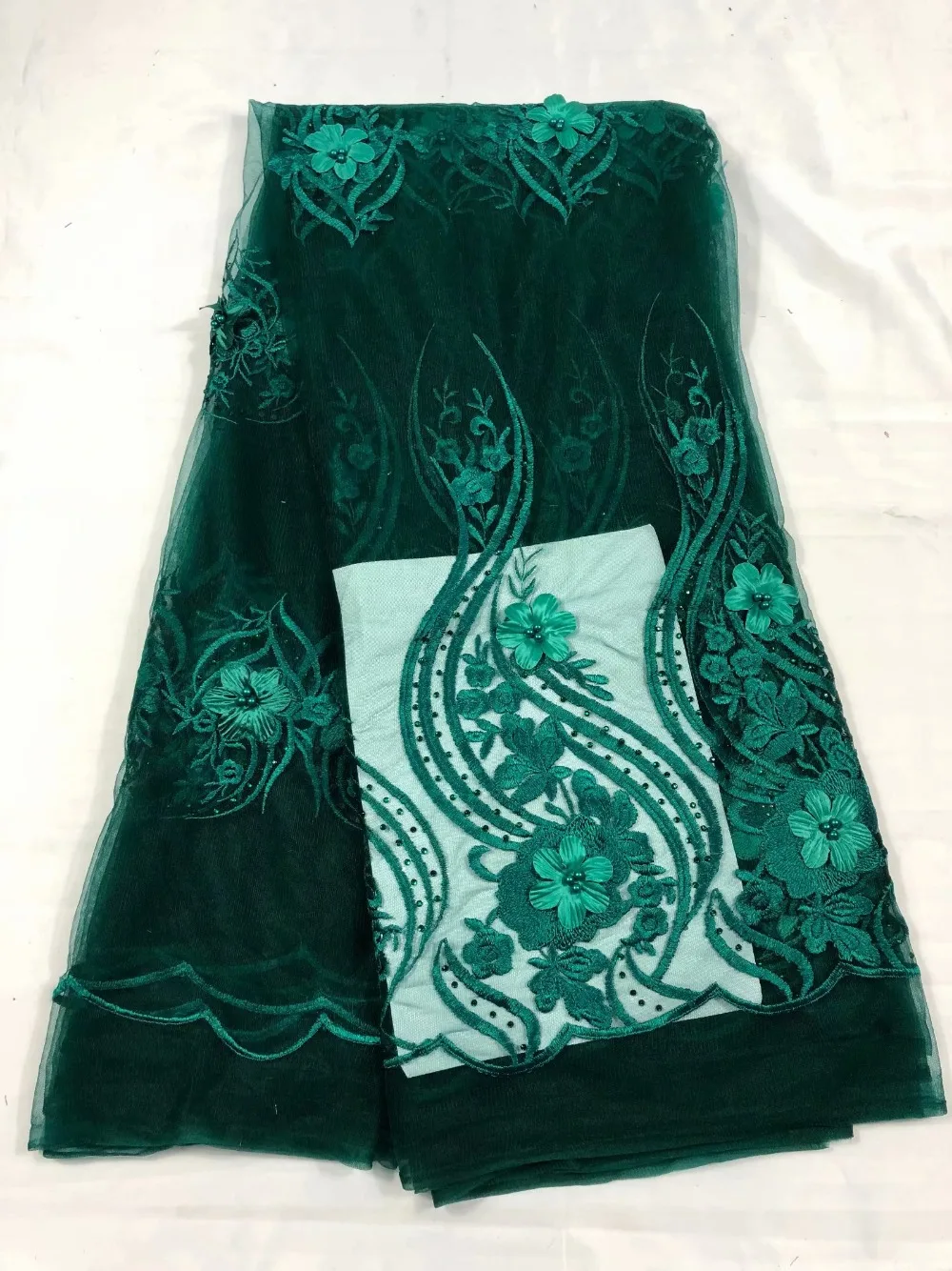 3D цветок зеленый французского кружева 2018 высокое качество бисером и камнями