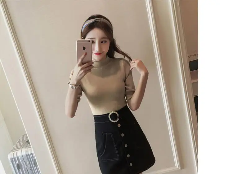 Carol Diaries 2018 Women's Cashmere Turtleneck Short Sleeve Knitted Pullover Tee Base Sweater Women Jumper Sexy Tops | Женская