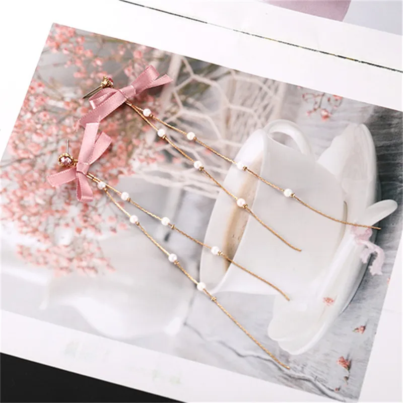 Модные длинные серьги с розовым бантом и кристаллами имитация жемчуга женские