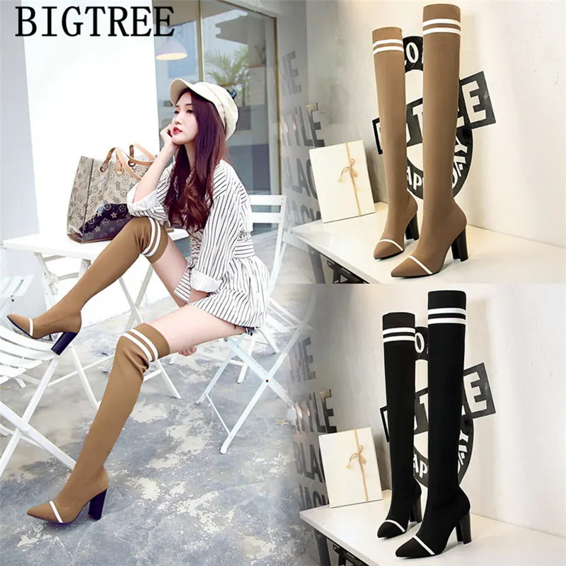 Вязаные высокие сапоги Bigtree обувь выше колена на высоком каблуке дизайнерская