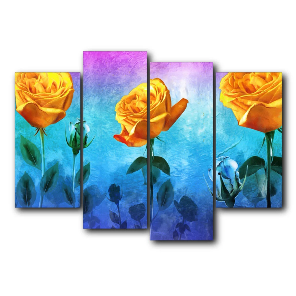 4 панель Винтажный постер и печать холста с цветущими цветами роз в саду для декора дома, гостиной и спальни.