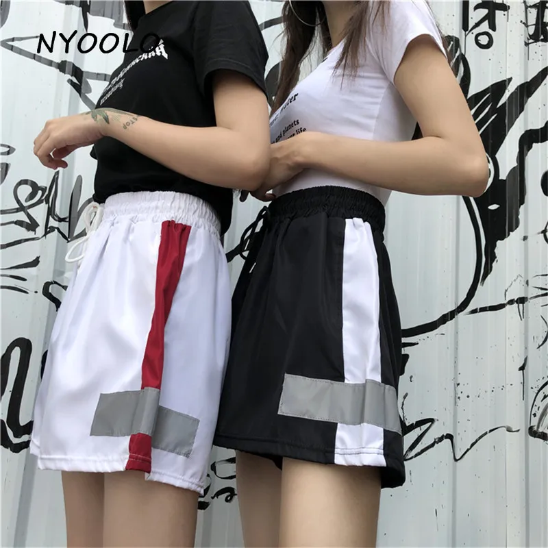 NYOOLO Harajuku стиль 3M Светоотражающий пэчворк с высокой талией облегающие шорты Летняя уличная одежда свободного кроя с эластичной талией Шорты женская одежда