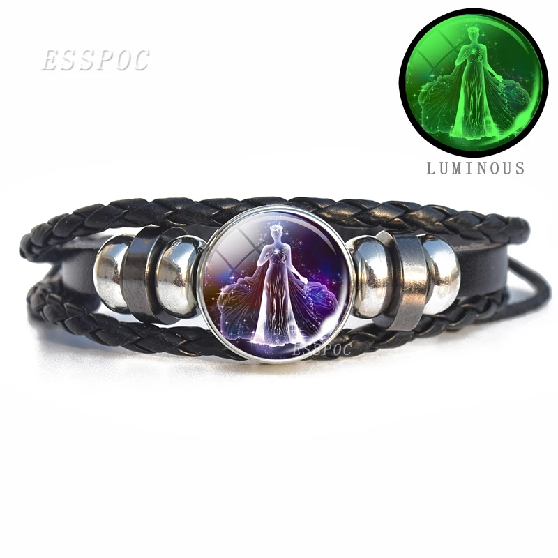 12 Constellation Bracelet Charms Zodiac Sign Glass Cabochon Punk Jewelry Black Multilayer Leather Women Men Gift | Украшения и