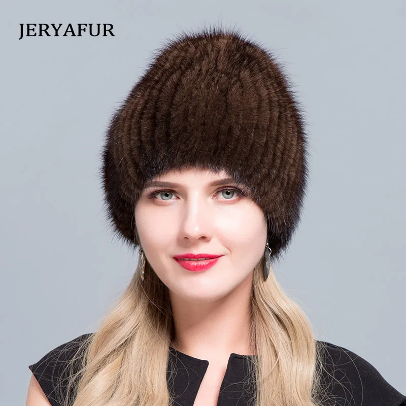 

JERYAFUR Winter Women's Fashion Mink Fur Ski Cap Snow Trip Pullover Cap Water Diamond Decorative Molded Fur Cap