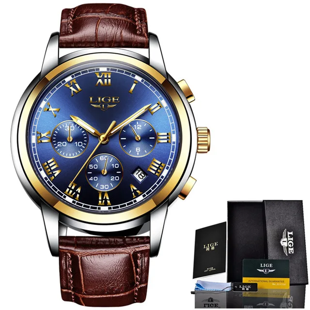 Gold blue LIGE мужские часы Топ бренд Роскошные мужские спортивные часы для мужчин повседневные кожаные водонепроницаемые часы кварцевые часы Erkek Kol Saati - Цвет: Gold blue