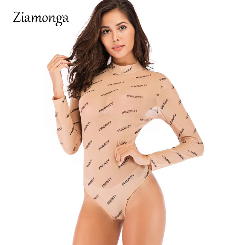 Ziamonga Sheer Mesh Цветочный принт с длинным рукавом сексуальное боди Для женщин топ мода спандекс черный, розовый пикантные в