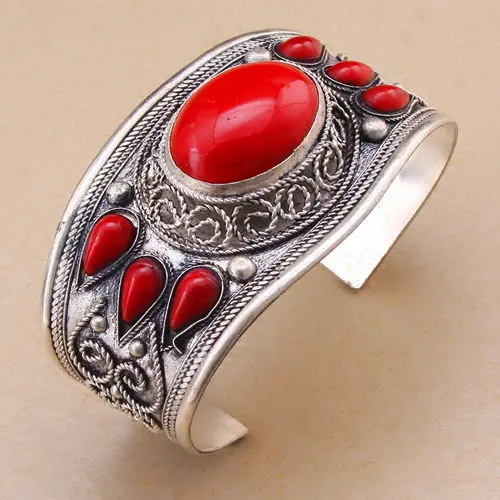 

wholesale good Charm Red Coral Stone Bead Cuff Bracelet Bangle Tibet Flower^^@^ GP SHIPPING 5.25