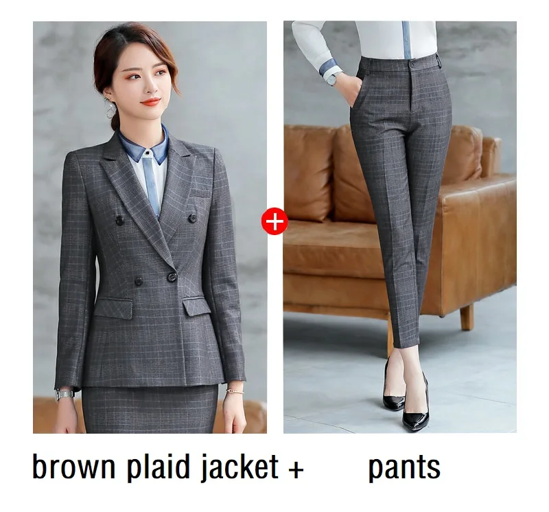 brown jacket pants Женские костюмы, тонкий пиджак в клетку с длинным рукавом и брюки, 2 предмета в комплекте, OL, официальные женские брюки, костюмы для женщин, костюмы 866 - Цвет: brown jacket pants