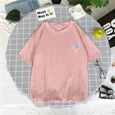pink Harajuku, летняя футболка с коротким рукавом, Женская Повседневная футболка с вышивкой, женские корейские милые винтажные хлопковые топы, футболки - Цвет: pink