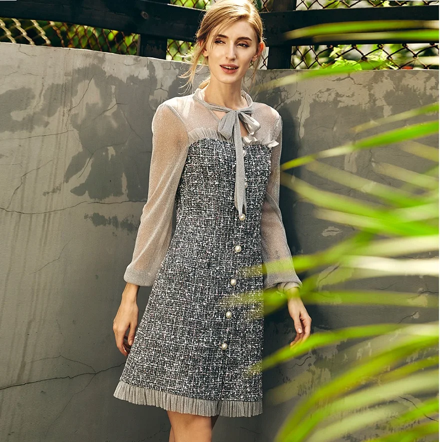 Женское платье с оборками элегантное однобортное сетчатое составного кроя