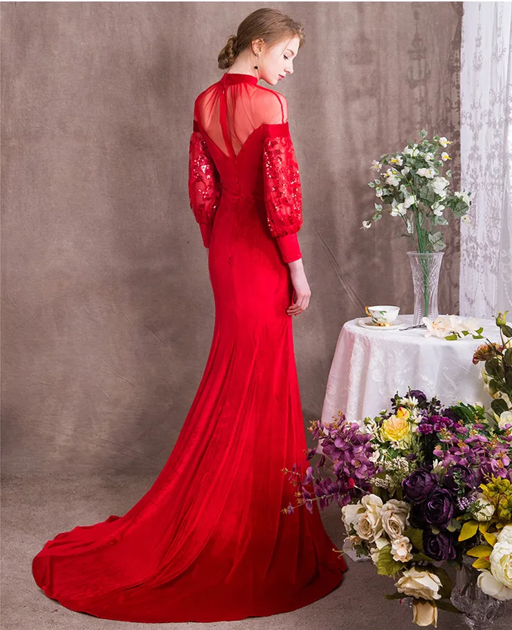 Винтажные вельветовые блестящие вечерние платья jaevini с высоким воротником и