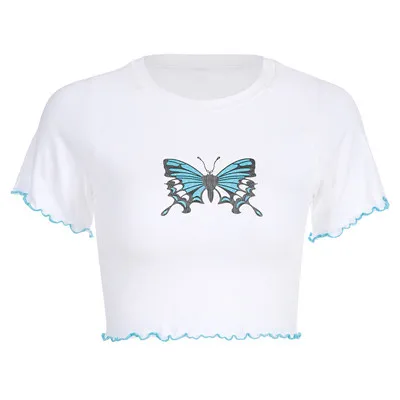 Short Sleeve Top Rockmore модная женская белая хлопковая футболка синяя бабочка с круглым вырезом женская уличная Облегающая рубашка с коротким рукавом повседневные топы - Цвет: Short Sleeve Top