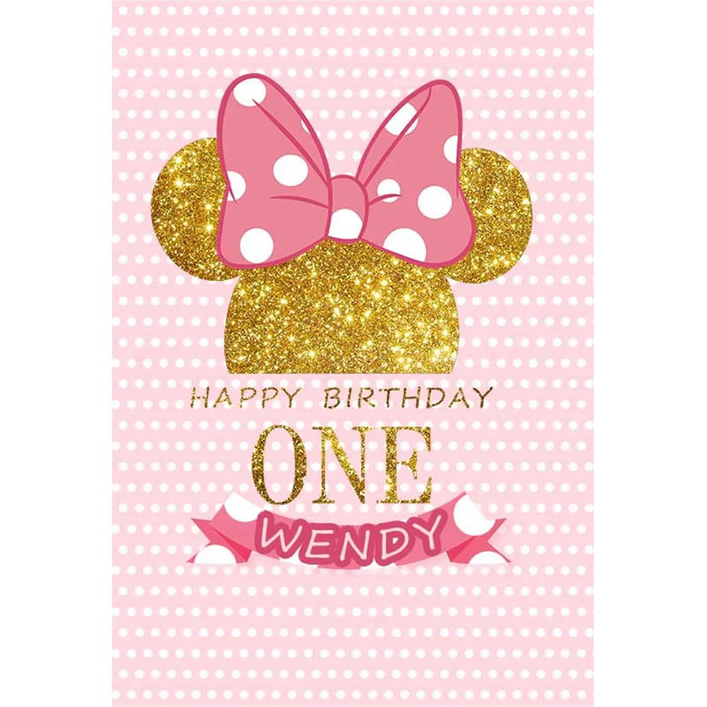 

Customized Gold Minnie Birthday Party Backdrop Newborn Baby Shower Prop Pink Bow Polka Dots Girls Cartoon Photo Booth Background