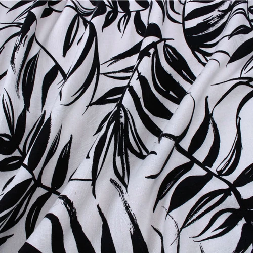 

Black leaves print on white bottom spun silk fabric 130cm width thick,SRS053