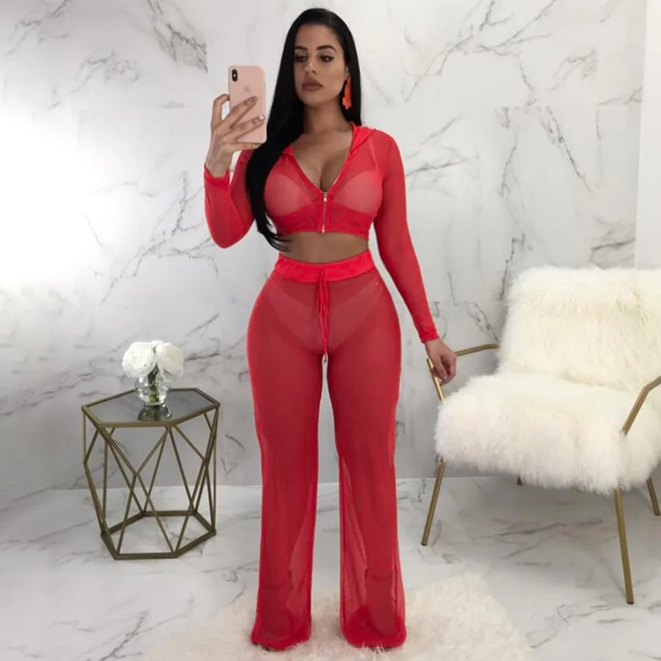 Красный белый черный женский сетчатый комплект из 2 предметов топ и штаны