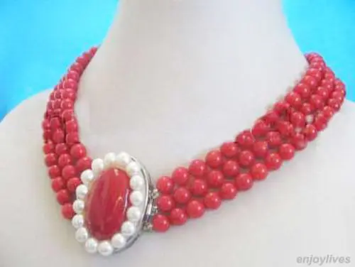 Горячая Распродажа Новый стиль&gt 3 ряда красный коралловый бисер белый жемчуг