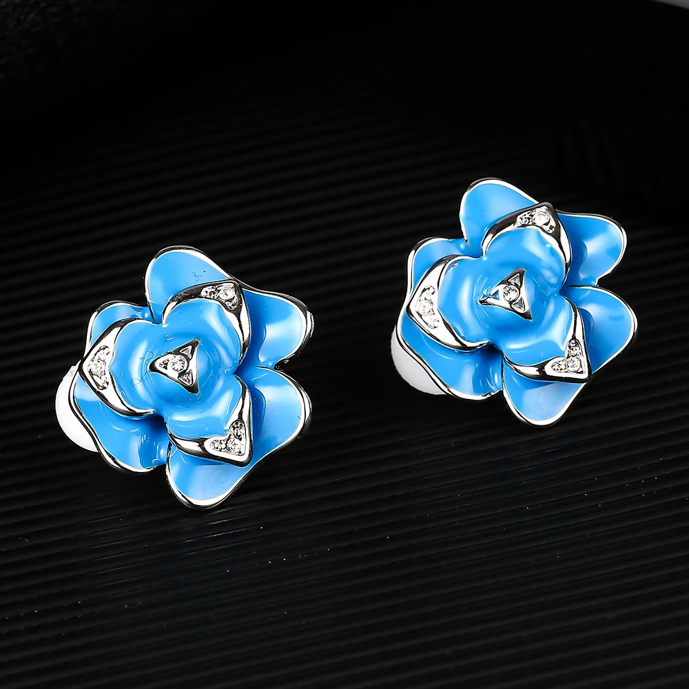 SUKI S925 Silver Blue Enamel Rose White Crystal from Austrian Pave Party Multilayer Clip on Earrings For Women Girls Gift | Украшения и