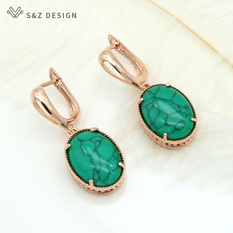 

S&Z New Synthetic Turquoises Oval Egg Shape Dangle Earrings Vintage 585 Rose Gold For Women Girl's Trendy Party Jewelry