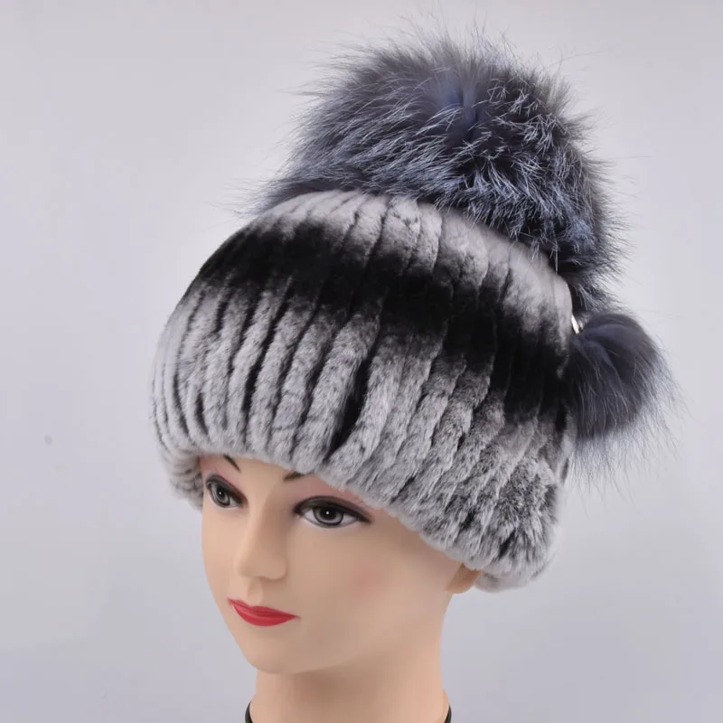 Зимние Для женщин класса люкс с мехом кролика шапка серебряной лисы из меха рекс