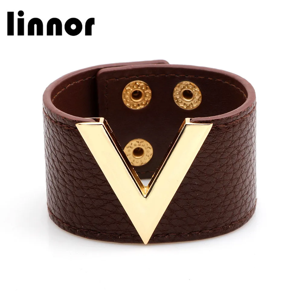 Dincior Мода PULeather буквы V Форма браслет Шарм Женский широкий Braclet Pulseras Cuero Mujer