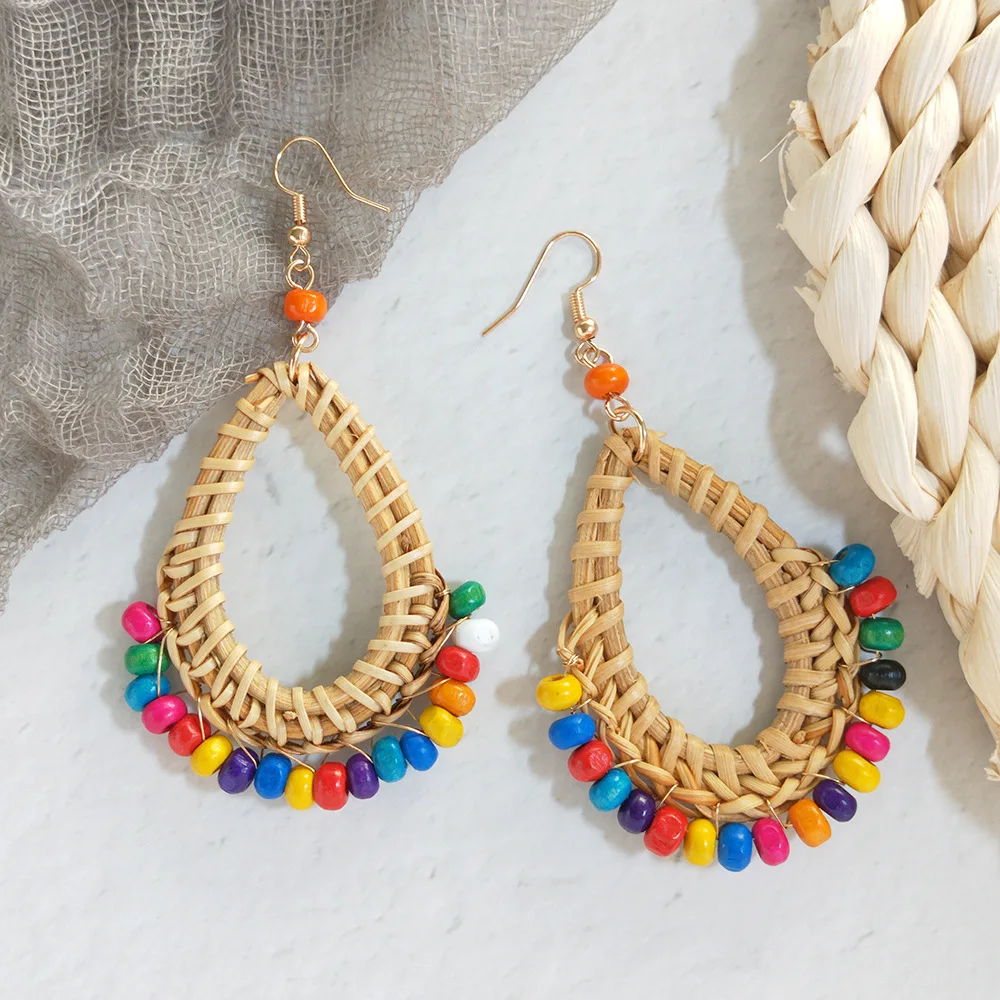 Женские серьги из ротанга в этническом стиле с подвеской виде капли воды