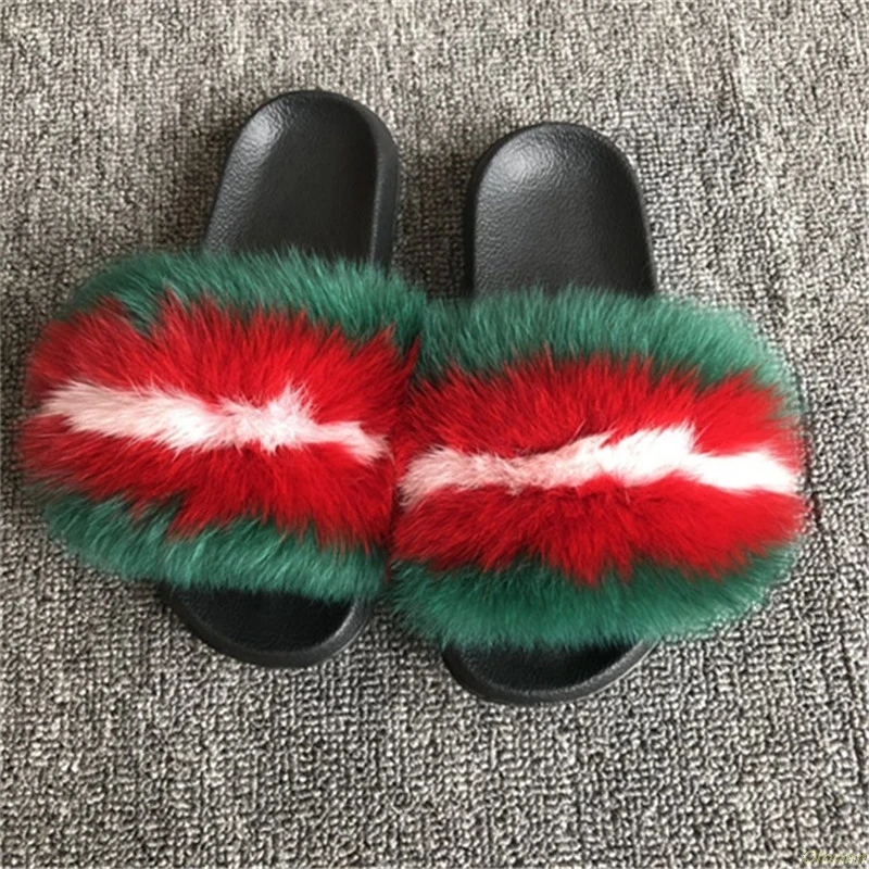 fox hair green Женские меховые тапочки; милые женские плюшевые пушистые тапочки с лисьим мехом; женские меховые тапочки; зимние теплые шлепанцы для женщин; Лидер продаж - Цвет: fox hair green