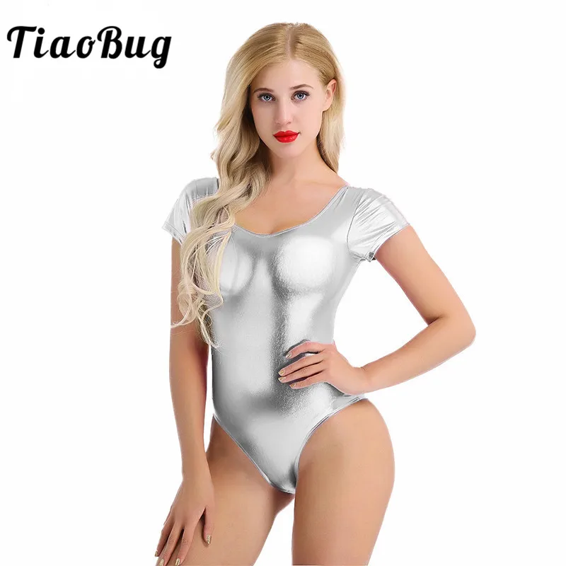 

TiaoBug Women Shiny Patent Leather Short Sleeve Ballet Dance Leotard Sport Bodysuit Ballerina Dancewear Adult Gymnastics Leotard