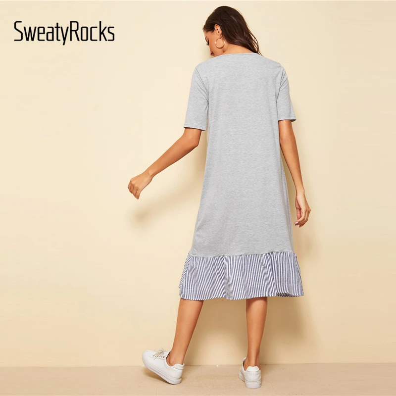 SweatyRocks серое Полосатое платье с воланом для женщин летнее уличное платье миди с коротким рукавом эластичное Повседневное платье